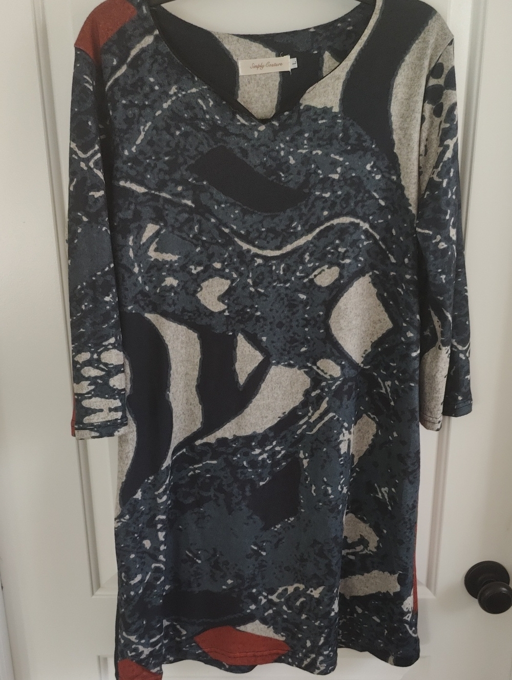 Simply Couture Teal Navy Abstract Dress with Cream and Rust Accents